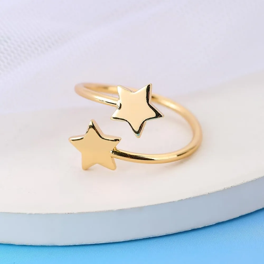 Simple Double Stars Wrap Open Statement Ring for Women Fashion Cute Lucky Star Thin Tiny Band Stacking Expandable Knuckle Finger Adjustable Rings Engagement Eternity Promise Jewelry Birthday Gifts