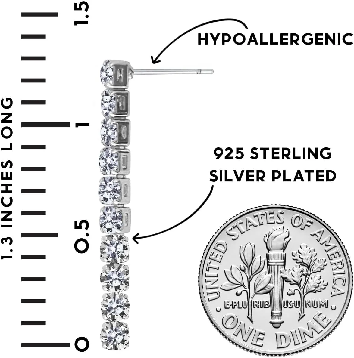 Simulated Diamond Drop Earrings for Women - Cubic Zirconia Dangle Bar Statement Earrings - Hypoallergenic and Safe for Sensitive Ears