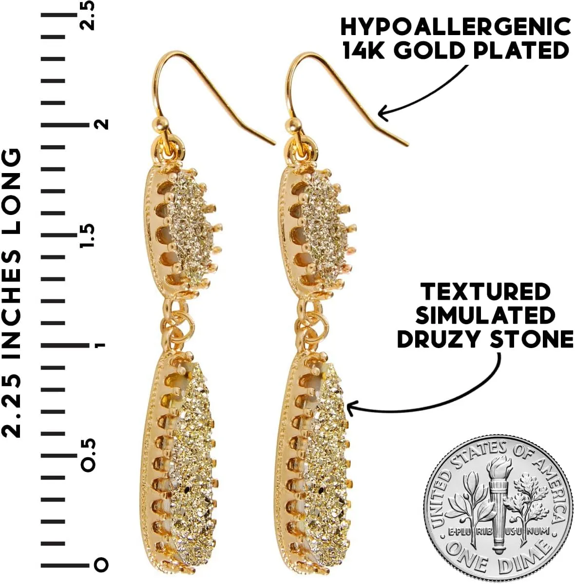 Simulated Druzy Dangle Earrings for Women - Gold, Silver, or Rose Gold Tone Boho Earrings for Women