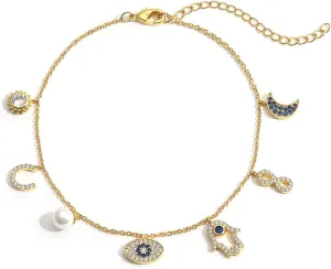SLOONG Evil Eye Anklet Hamsa Hand Bracelet 14K Gold Plated Dainty Anklet White Blue Cz Pendant for Women, Adjustable Size
