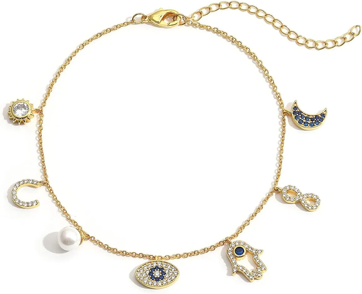SLOONG Evil Eye Anklet Hamsa Hand Bracelet 14K Gold Plated Dainty Anklet White Blue Cz Pendant for Women, Adjustable Size