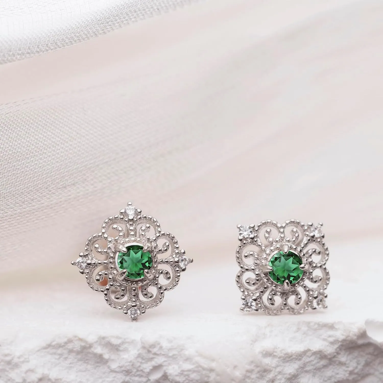 Small Green Emerald Sterling Silver Stud Earrings For Women Hypoallergenic Square Handmade Dainty Classy Nickle Free Light Weight comfortable May Birthstone Earrings Jewelry Gift For Her Keenove