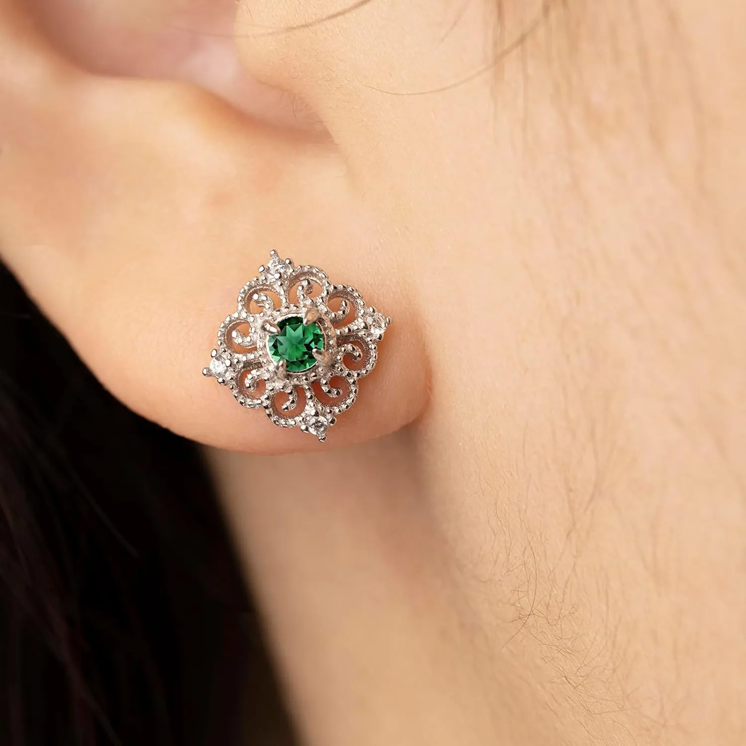 Small Green Emerald Sterling Silver Stud Earrings For Women Hypoallergenic Square Handmade Dainty Classy Nickle Free Light Weight comfortable May Birthstone Earrings Jewelry Gift For Her Keenove