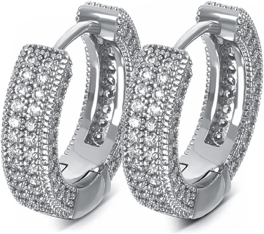 Small Iced CZ Hoops with Bling Lab Simulated Diamond Micro Pave 14K White Gold Plated 925 Sterling Silver Trendy Unisex Hip Hop 12mm Ice Out Huggie Hoop Earrings Jewelry Gifts for Men And Women