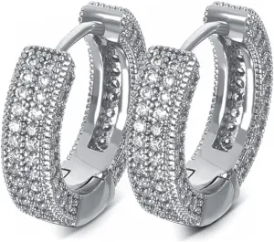 Small Iced CZ Hoops with Bling Lab Simulated Diamond Micro Pave 14K White Gold Plated 925 Sterling Silver Trendy Unisex Hip Hop 12mm Ice Out Huggie Hoop Earrings Jewelry Gifts for Men And Women