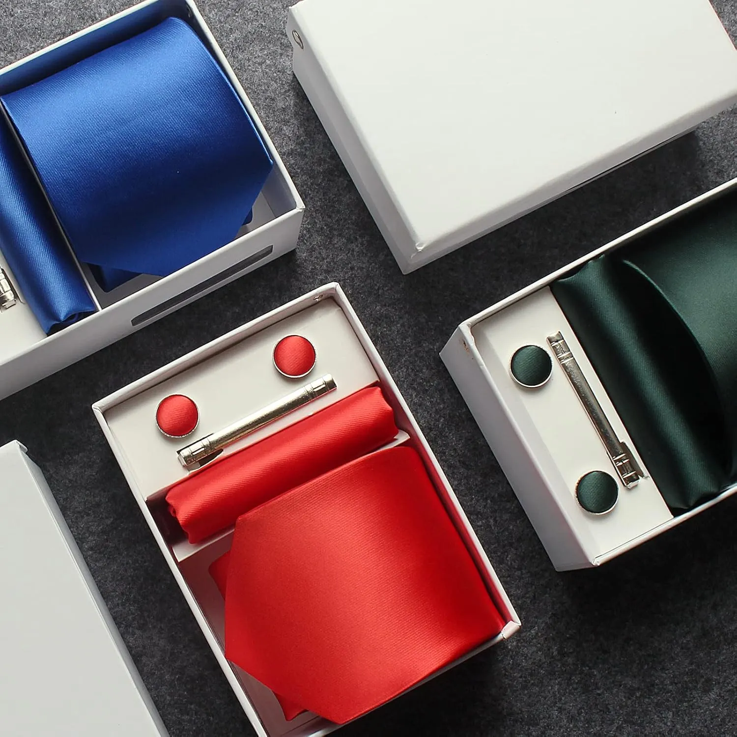 Solid Color Mens Tie Formal Necktie Pocket Squares Ties Clips Cufflinks Classic for Men Set