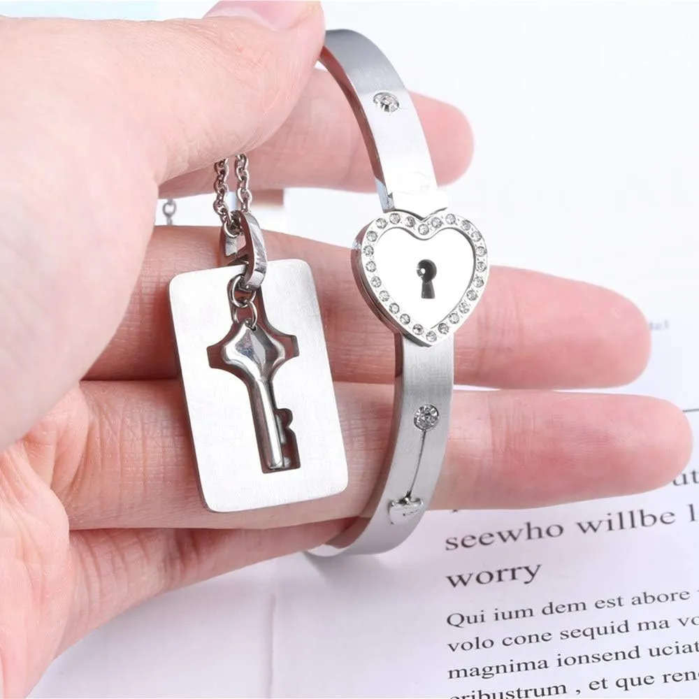 SONGCHANGJEWELRY Lock Bracelet and Key Necklace - Titanium Steel Couples Jewelry, Romantic Gift for Valentines Day, Birthday, Christmas, Wedding, Anniversary