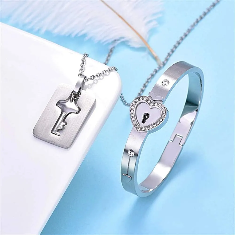 SONGCHANGJEWELRY Lock Bracelet and Key Necklace - Titanium Steel Couples Jewelry, Romantic Gift for Valentines Day, Birthday, Christmas, Wedding, Anniversary