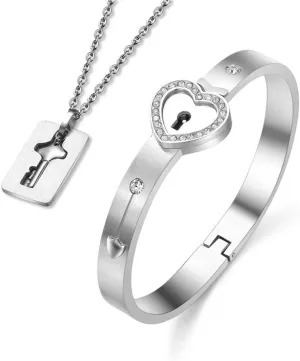 SONGCHANGJEWELRY Lock Bracelet and Key Necklace - Titanium Steel Couples Jewelry, Romantic Gift for Valentines Day, Birthday, Christmas, Wedding, Anniversary