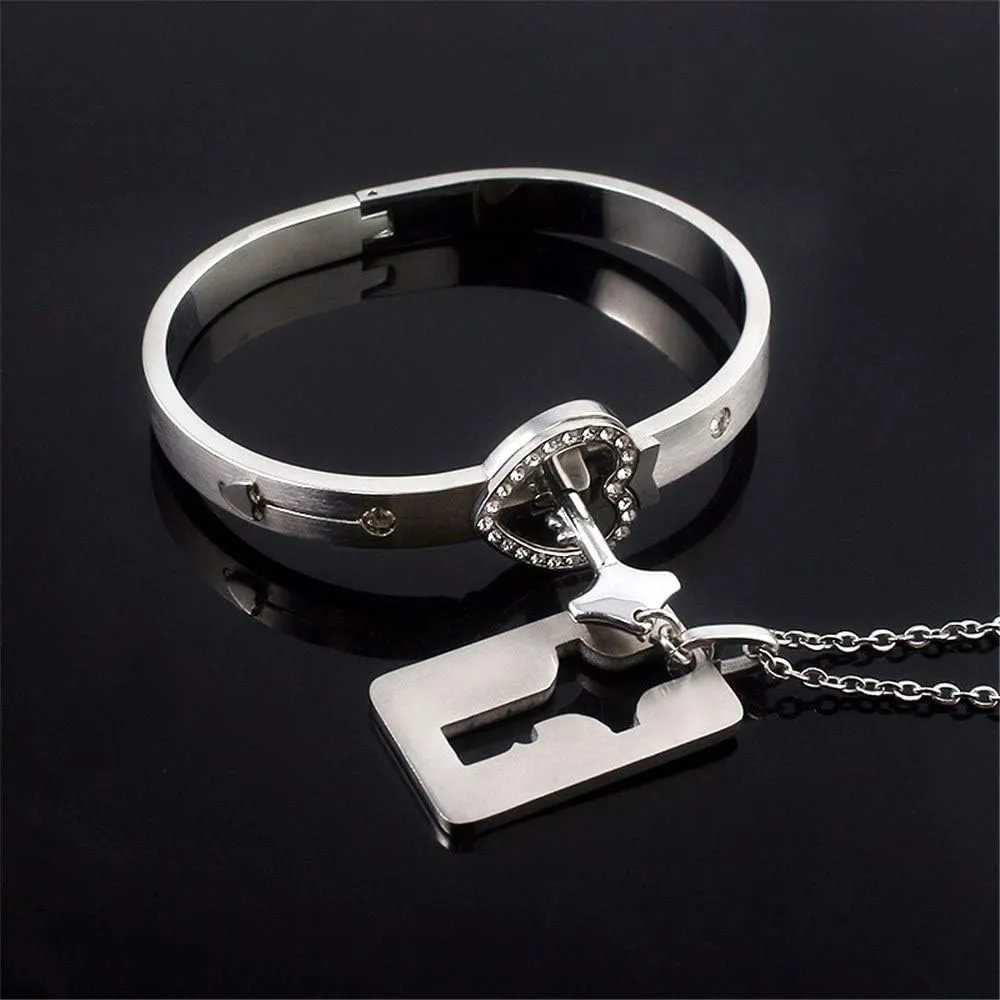 SONGCHANGJEWELRY Lock Bracelet and Key Necklace - Titanium Steel Couples Jewelry, Romantic Gift for Valentines Day, Birthday, Christmas, Wedding, Anniversary