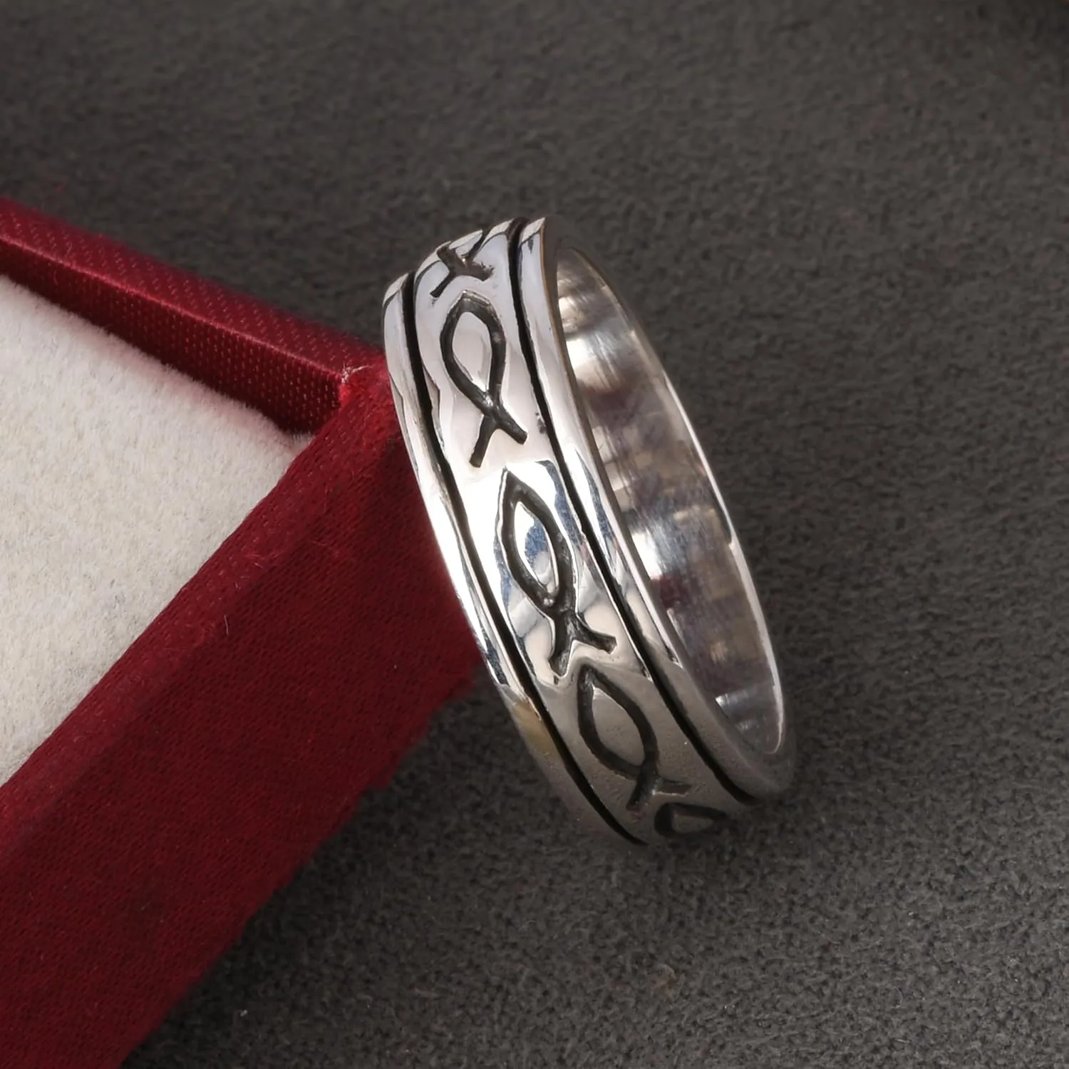 Spinner Ring, Fish Ichthys Pattern Eternity Band, Unique design, 925 Silver Religious Jewelry Christian Symbol Ring (7.5, Oxidised)