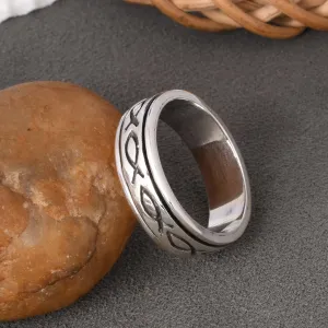 Spinner Ring, Fish Ichthys Pattern Eternity Band, Unique design, 925 Silver Religious Jewelry Christian Symbol Ring (7.5, Oxidised)
