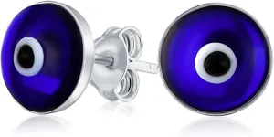Spiritual Protection Round White Pink Blue Nazar Evil Eye Stud Earrings For Women Teen Murano Glass .925 Sterling Silver 9MM Made In Turkey
