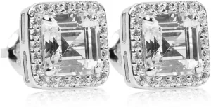 Square White Gold Plated 925 Sterling Silver Unisex Hypoallergenic Asscher Cut 5A Cz Stone 9mm Iced Hip Hop Micro Pave Ice Out Baguette Stud Screw Back Post Earrings Jewelry Gifts For Men Women.