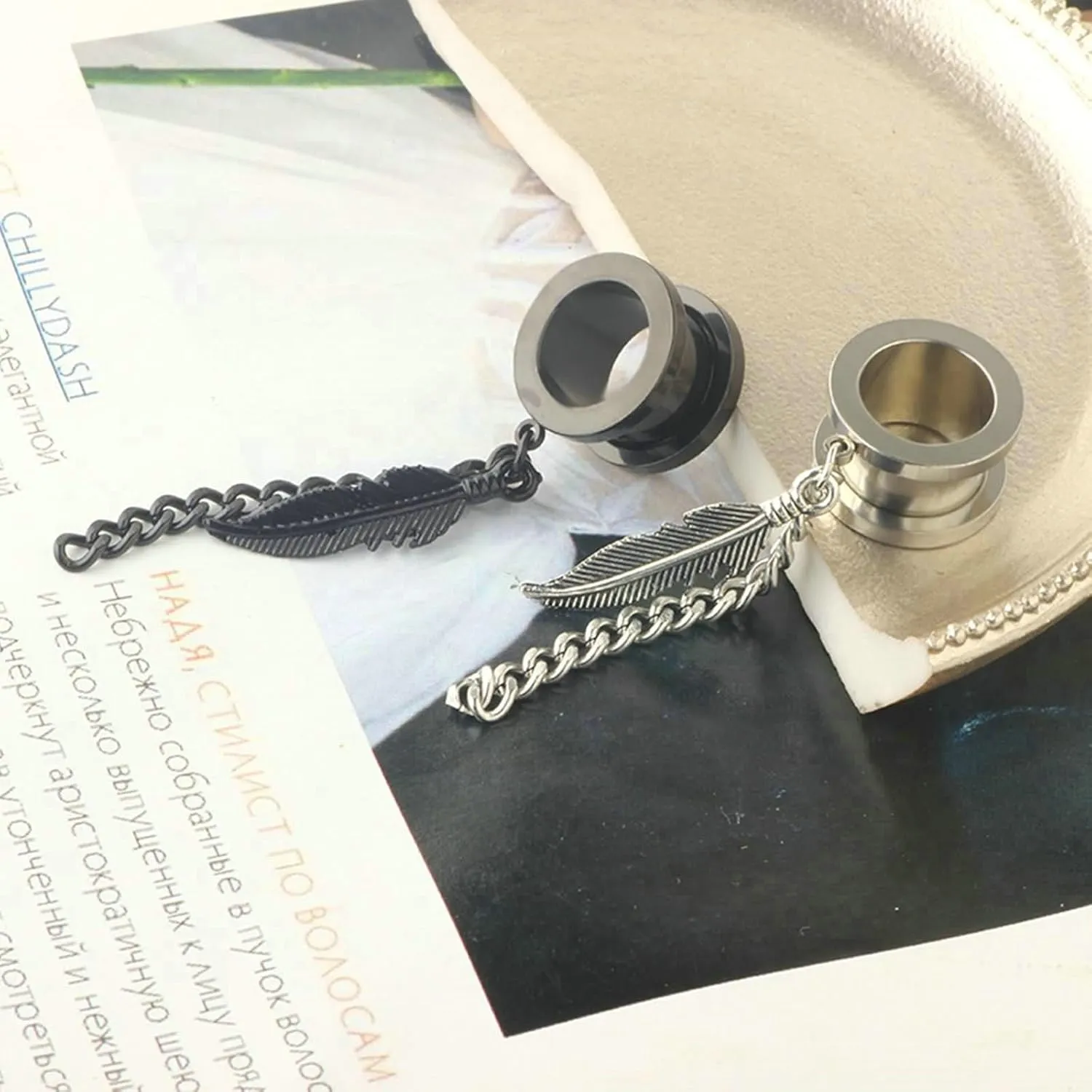 Stainless Steel Gauges for Your Ear 2G Silver with Chain And Leaf Pendant Ear Gauges Unique