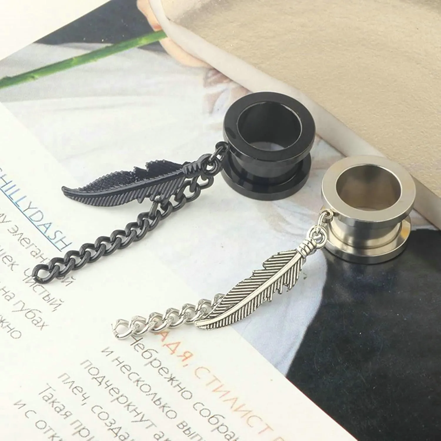 Stainless Steel Gauges for Your Ear 2G Silver with Chain And Leaf Pendant Ear Gauges Unique