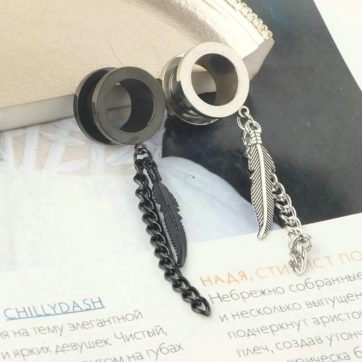 Stainless Steel Gauges for Your Ear 2G Silver with Chain And Leaf Pendant Ear Gauges Unique