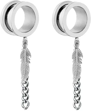 Stainless Steel Gauges for Your Ear 2G Silver with Chain And Leaf Pendant Ear Gauges Unique