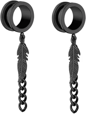 Stainless Steel Gauges for Your Ear 2G Silver with Chain And Leaf Pendant Ear Gauges Unique