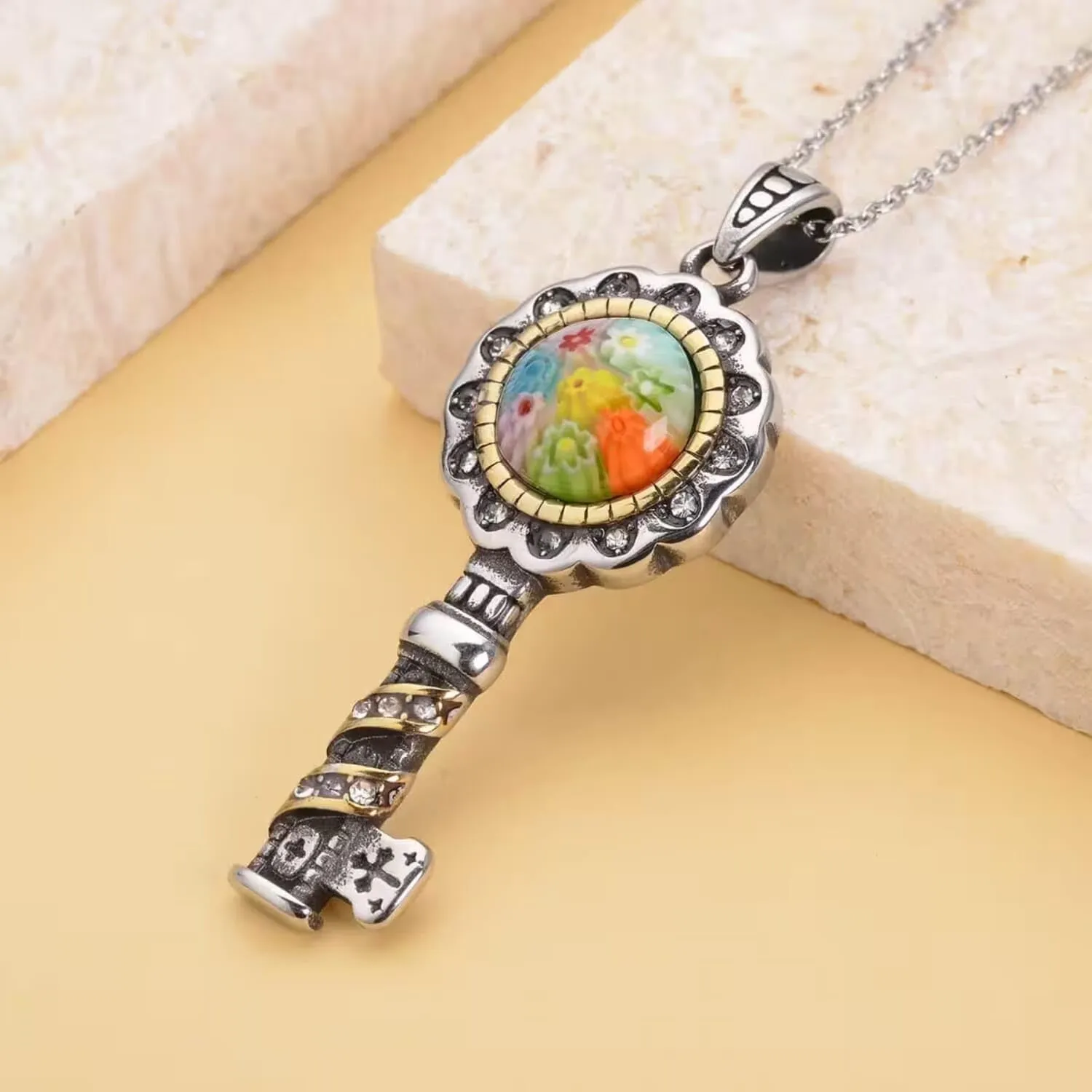Stainless Steel Glass Murano Style Multi Color Beaded Cross Choker Pendant Necklace Delicate size 20" Catholic Faith Christian Religious Birthday Jewelry Birthday Gifts for Women