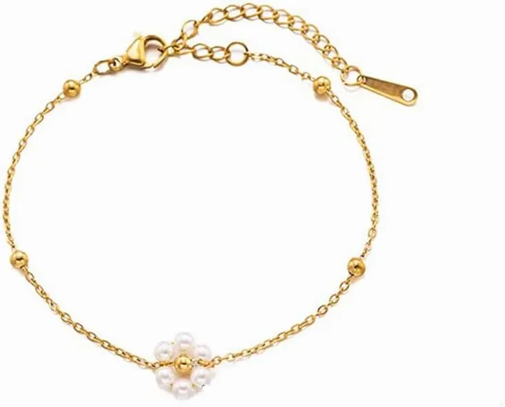 Stainless Steel Gold Plated Anklet for Women Dainty Gold Chain Beaded Pearl Flower Anklet Waterproof Beach Foot Jewelry Gift
