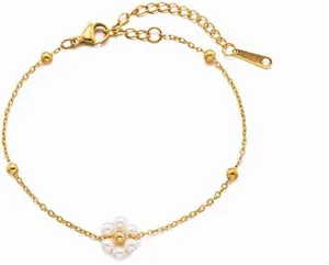 Stainless Steel Gold Plated Anklet for Women Dainty Gold Chain Beaded Pearl Flower Anklet Waterproof Beach Foot Jewelry Gift