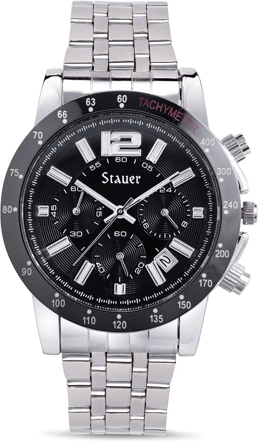 Stauer Jet Setter Stainless Steel Chronograph Watch for Men Black-Dial Analog Watch with Stainless Steel Bracelet & Case Luxury Gift for Men