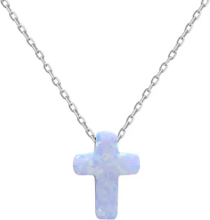Sterling Silver 16"   2" Created Opal Cross Necklace