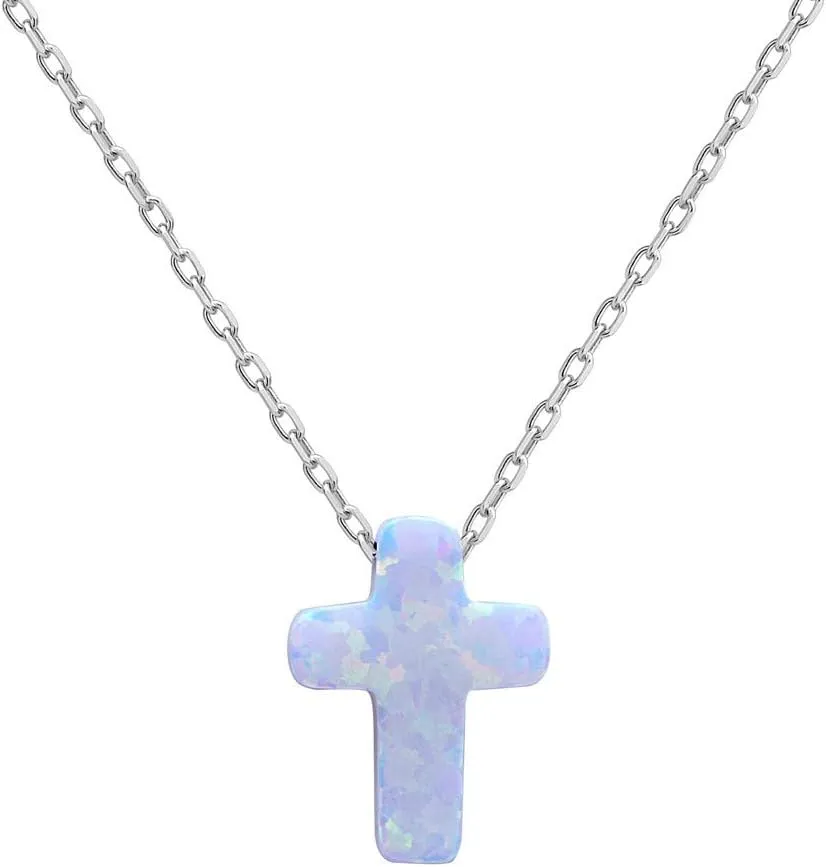 Sterling Silver 16"   2" Created Opal Cross Necklace