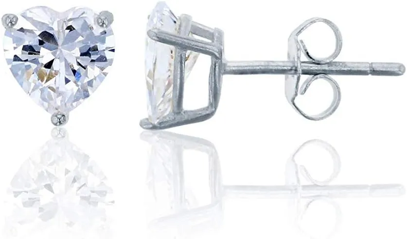 Sterling Silver 4x4mm AAA Heart Solitaire Stud Earrings
