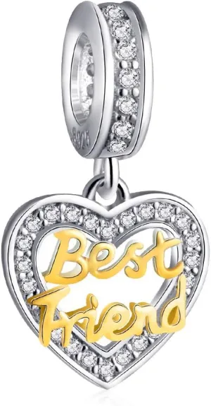 Sterling Silver Best Friend Charm Friendship Gifts Heart Charm Love Pendant with 24k Gold Plating fit Women Charm Bracelets