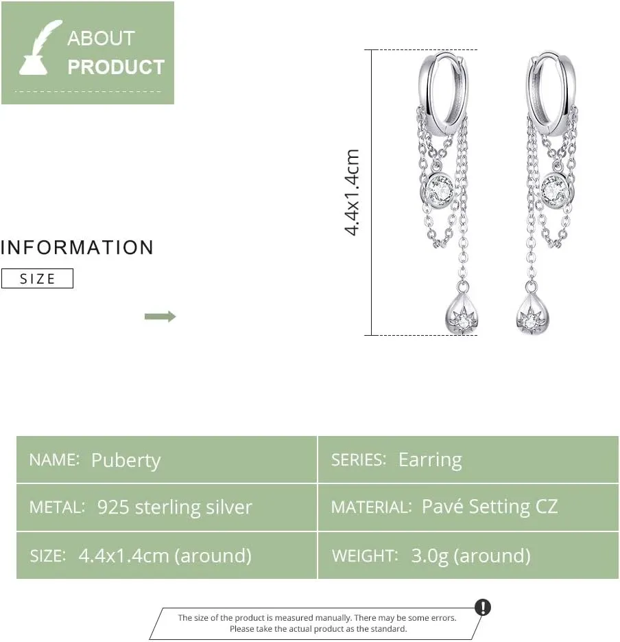 Sterling Silver Dangle Diamond Small Hoop Earrings for Women CZ Elegant Threader Tassel Drop Long Chain Cuff Earrings Sensitive Ears Hypoallergenic
