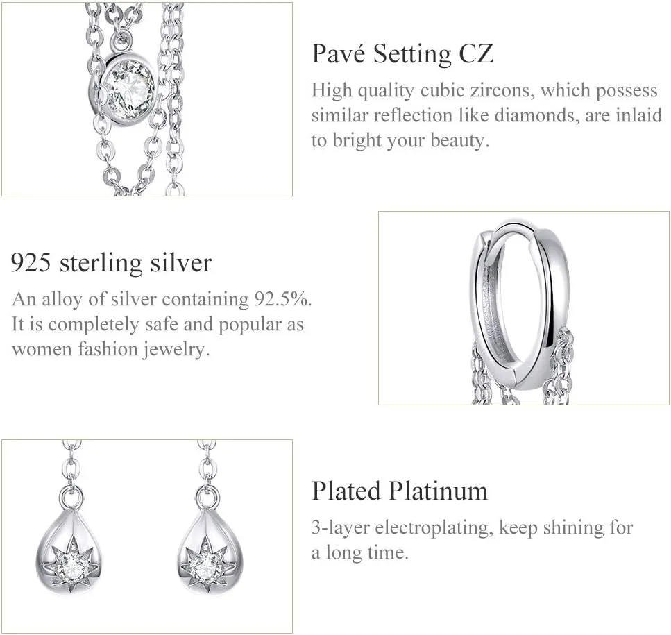 Sterling Silver Dangle Diamond Small Hoop Earrings for Women CZ Elegant Threader Tassel Drop Long Chain Cuff Earrings Sensitive Ears Hypoallergenic