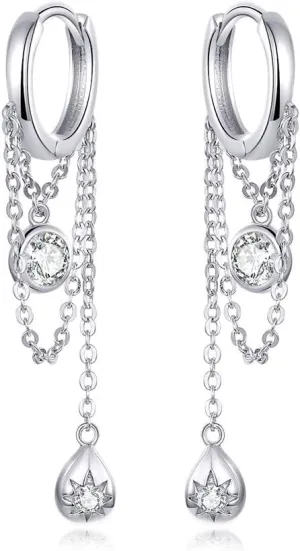 Sterling Silver Dangle Diamond Small Hoop Earrings for Women CZ Elegant Threader Tassel Drop Long Chain Cuff Earrings Sensitive Ears Hypoallergenic
