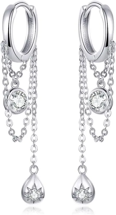 Sterling Silver Dangle Diamond Small Hoop Earrings for Women CZ Elegant Threader Tassel Drop Long Chain Cuff Earrings Sensitive Ears Hypoallergenic