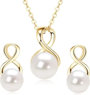 Sterling Silver Pearl Jewelry Set with Shiny Moissanite, Real Freshwater Pearl Earrings Necklace for Women, Wedding Jewelry for Brides Bridesmaid, Mother's Day