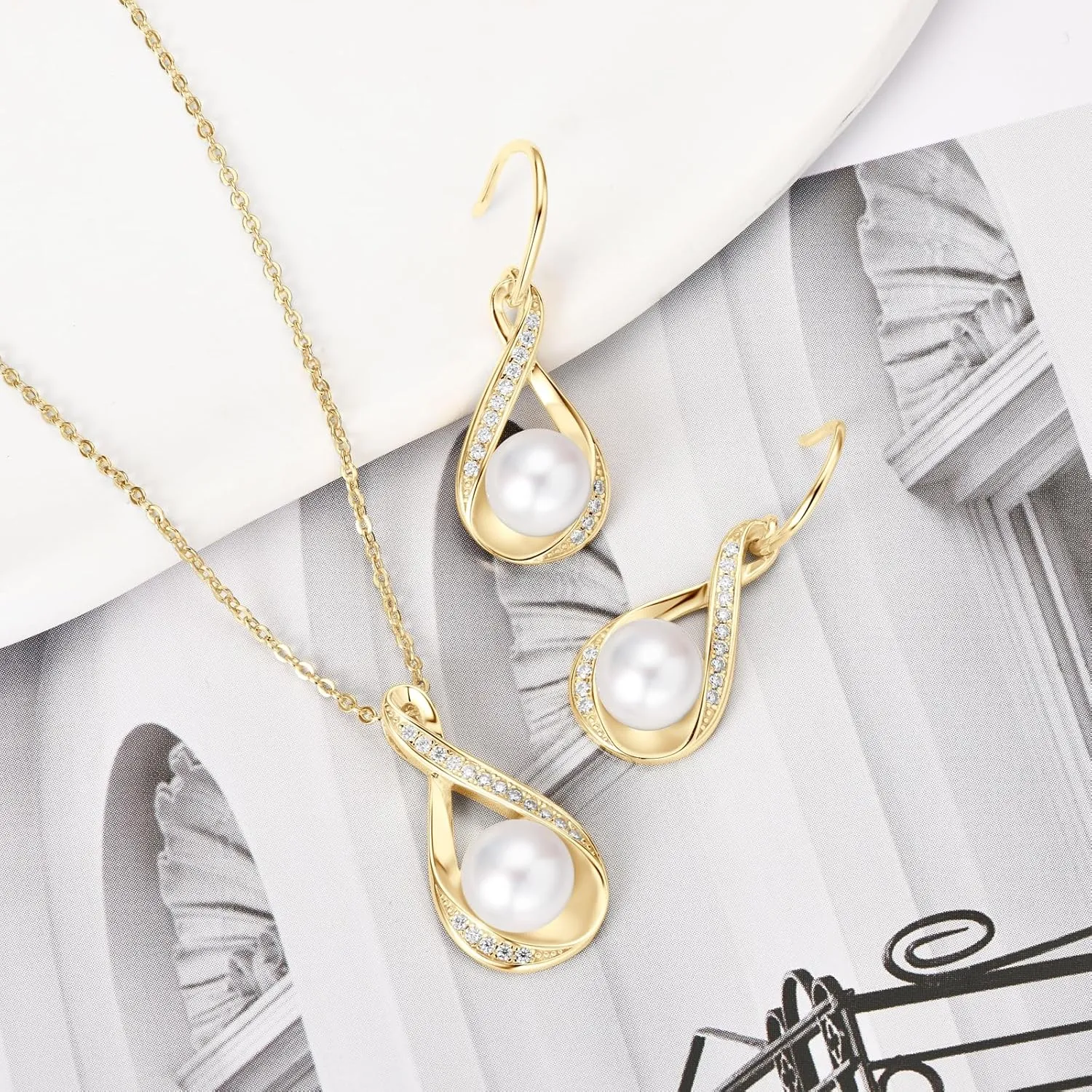 Sterling Silver Pearl Jewelry Set with Shiny Moissanite, Real Freshwater Pearl Earrings Necklace for Women, Wedding Jewelry for Brides Bridesmaid, Mother's Day