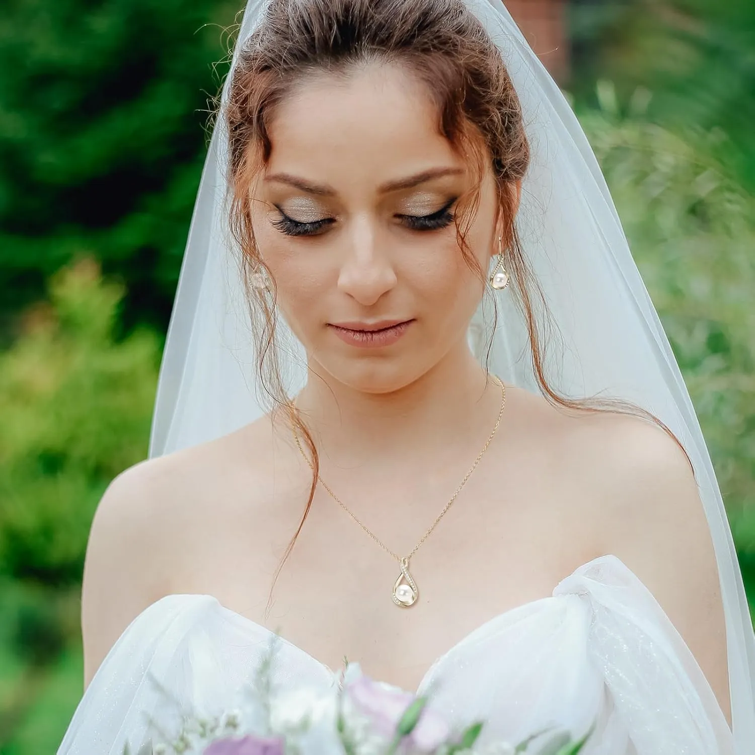 Sterling Silver Pearl Jewelry Set with Shiny Moissanite, Real Freshwater Pearl Earrings Necklace for Women, Wedding Jewelry for Brides Bridesmaid, Mother's Day