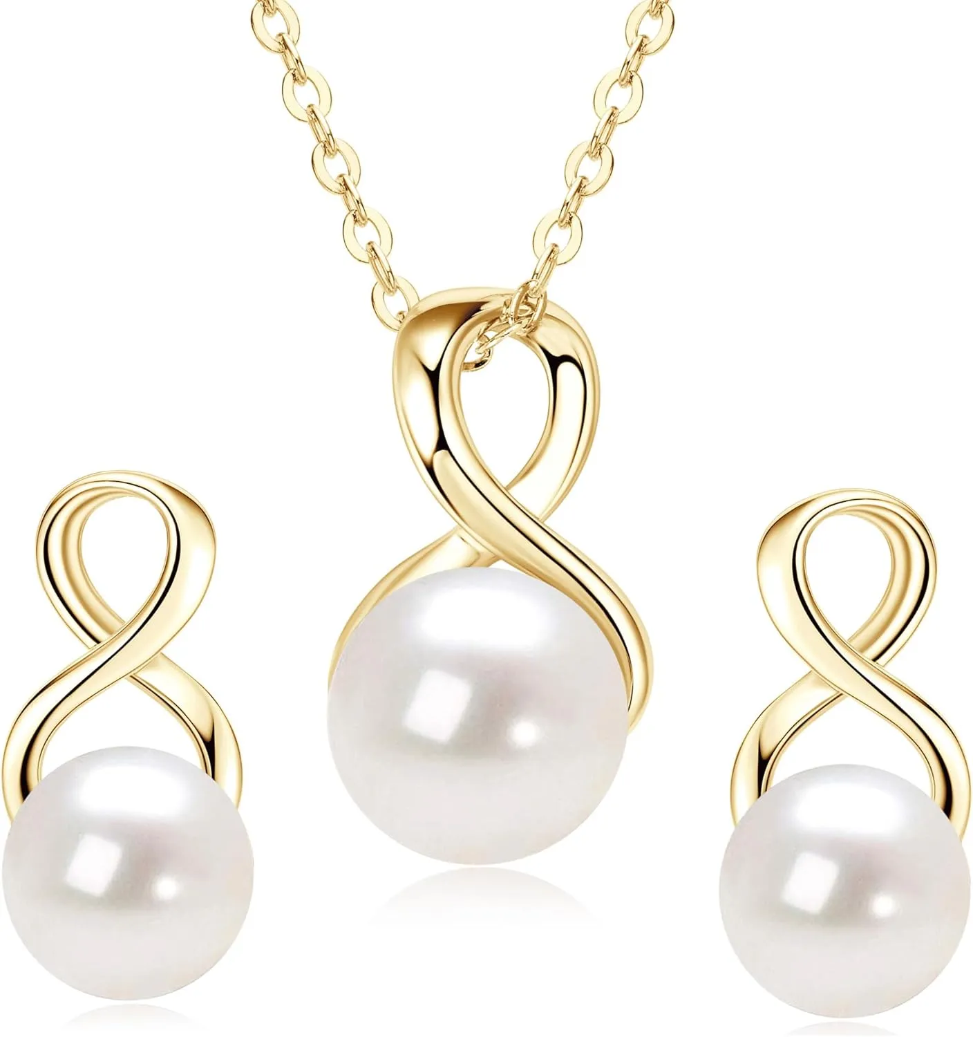 Sterling Silver Pearl Jewelry Set with Shiny Moissanite, Real Freshwater Pearl Earrings Necklace for Women, Wedding Jewelry for Brides Bridesmaid, Mother's Day