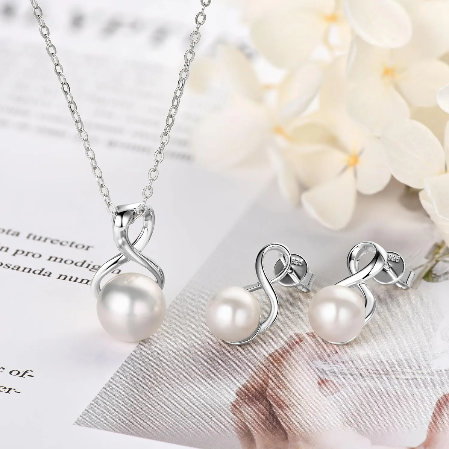 Sterling Silver Pearl Jewelry Set with Shiny Moissanite, Real Freshwater Pearl Earrings Necklace for Women, Wedding Jewelry for Brides Bridesmaid, Mother's Day