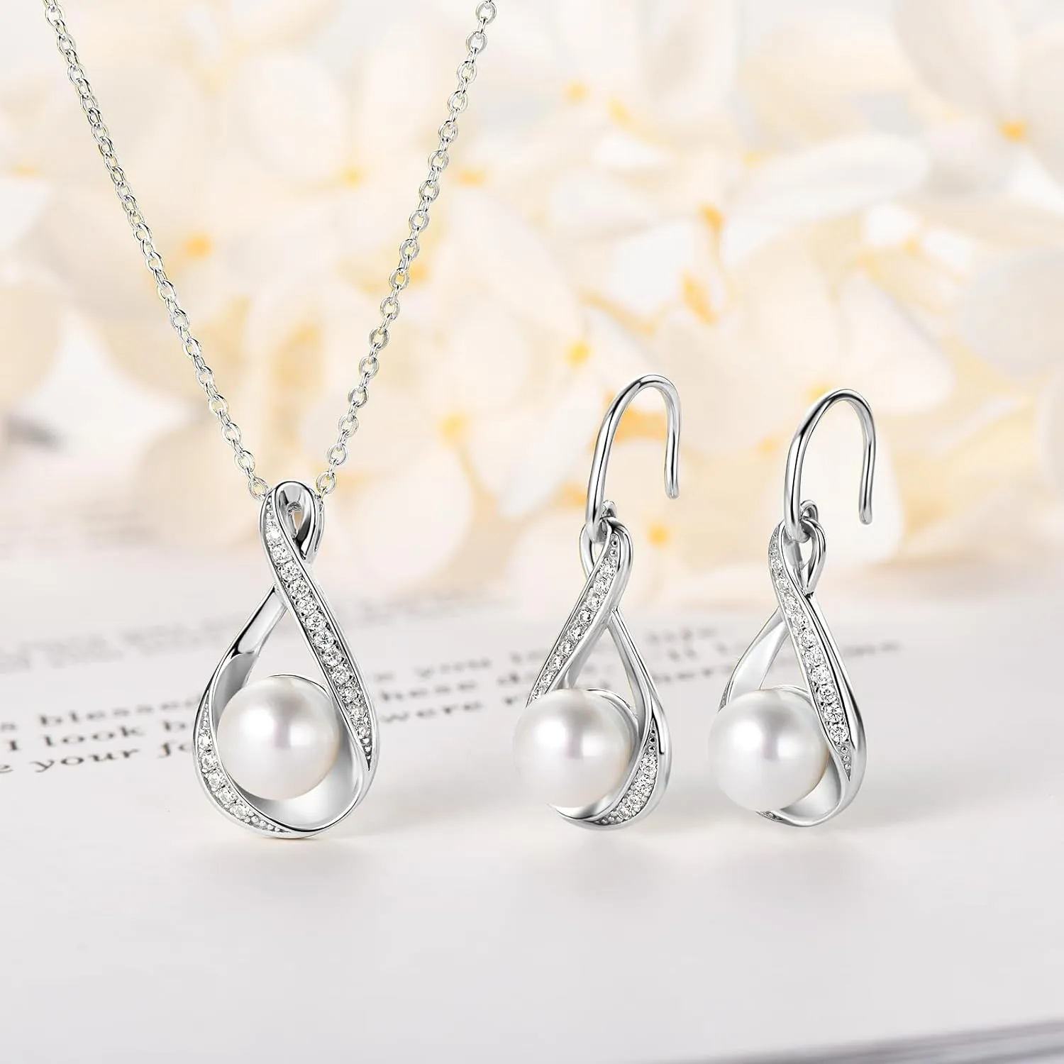 Sterling Silver Pearl Jewelry Set with Shiny Moissanite, Real Freshwater Pearl Earrings Necklace for Women, Wedding Jewelry for Brides Bridesmaid, Mother's Day