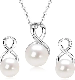 Sterling Silver Pearl Jewelry Set with Shiny Moissanite, Real Freshwater Pearl Earrings Necklace for Women, Wedding Jewelry for Brides Bridesmaid, Mother's Day