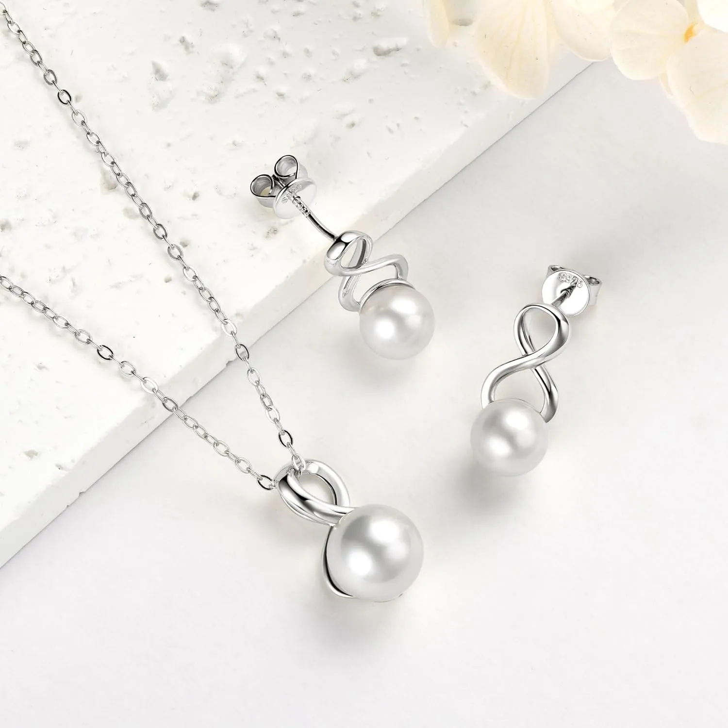 Sterling Silver Pearl Jewelry Set with Shiny Moissanite, Real Freshwater Pearl Earrings Necklace for Women, Wedding Jewelry for Brides Bridesmaid, Mother's Day