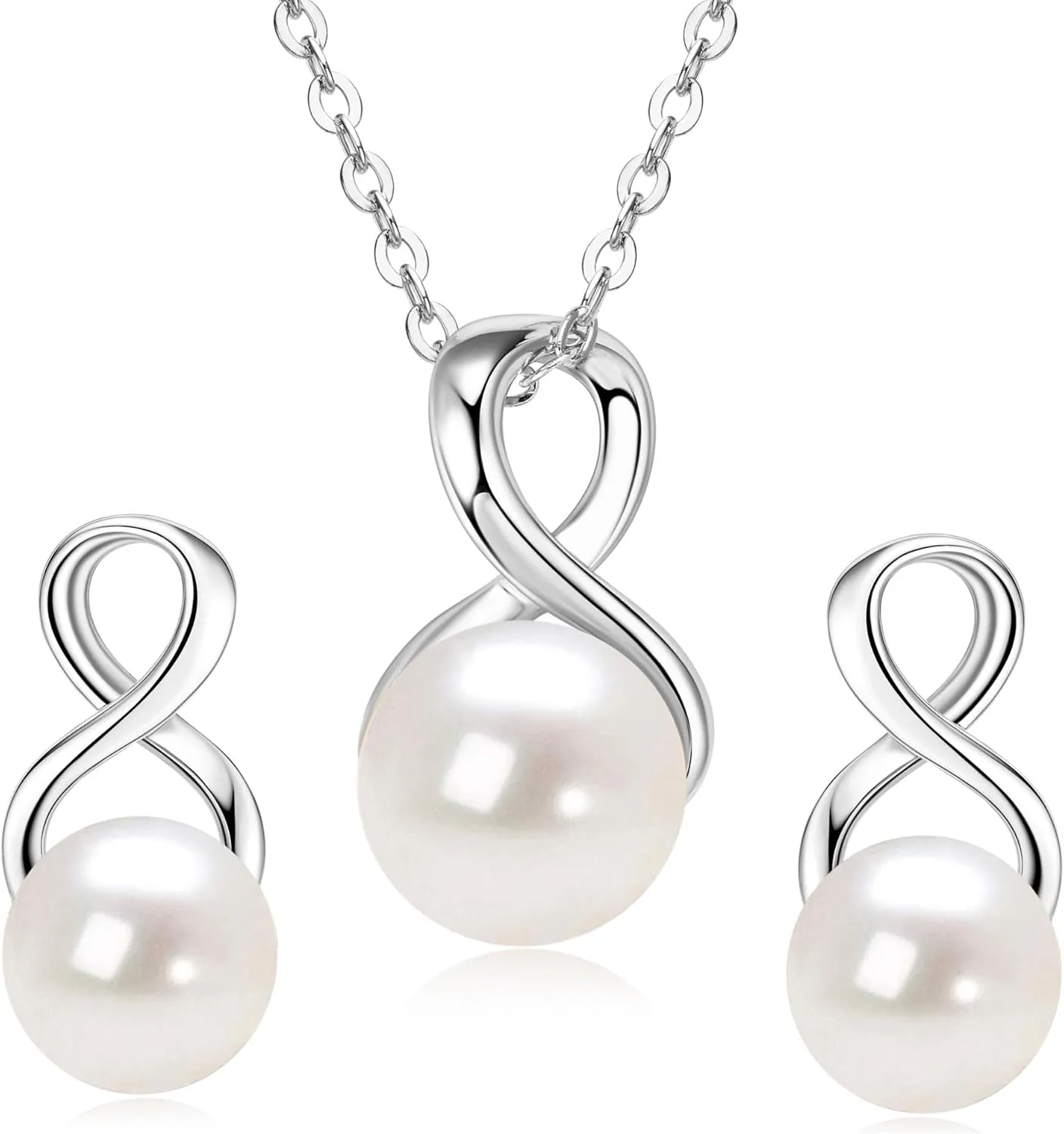 Sterling Silver Pearl Jewelry Set with Shiny Moissanite, Real Freshwater Pearl Earrings Necklace for Women, Wedding Jewelry for Brides Bridesmaid, Mother's Day