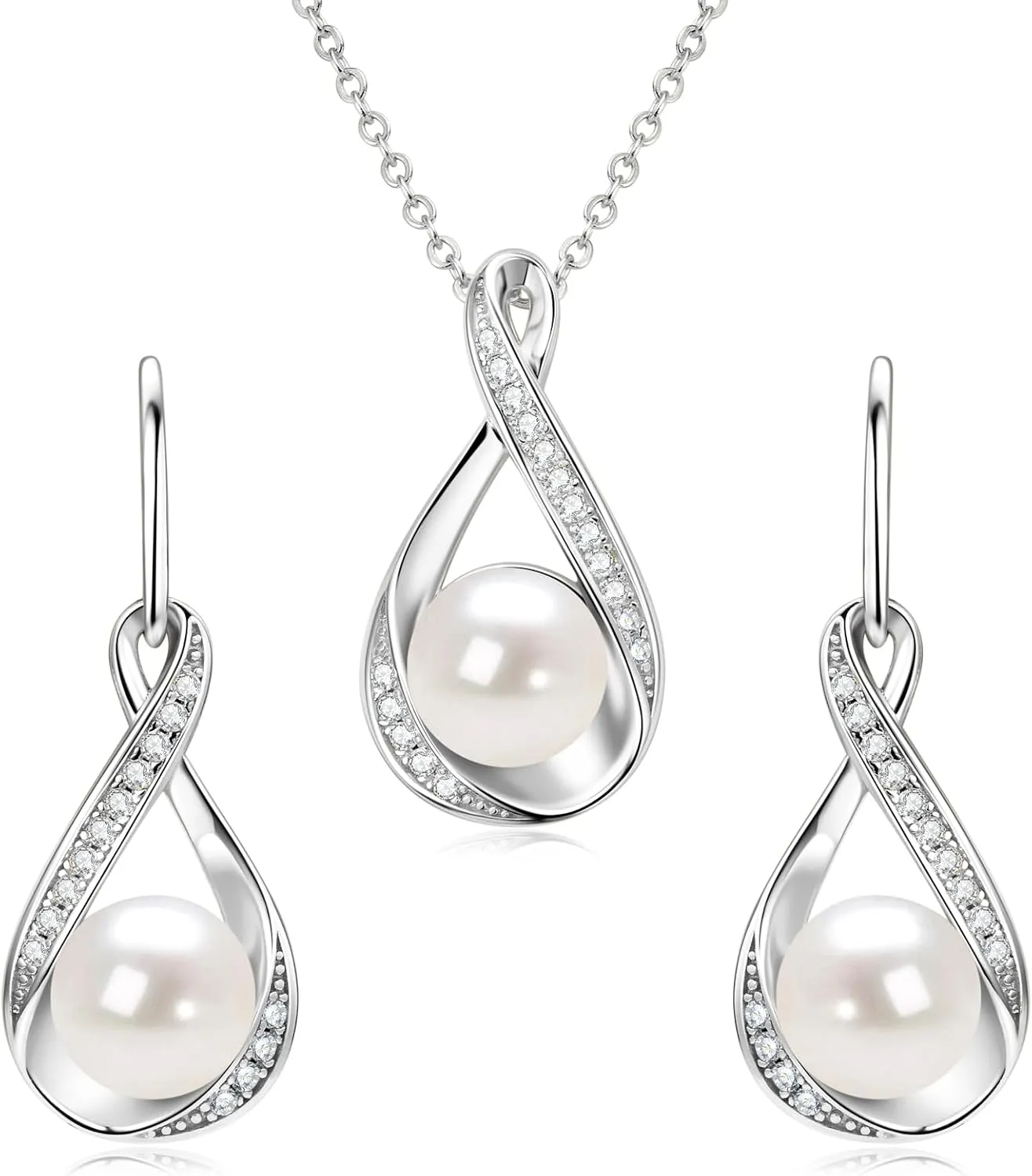 Sterling Silver Pearl Jewelry Set with Shiny Moissanite, Real Freshwater Pearl Earrings Necklace for Women, Wedding Jewelry for Brides Bridesmaid, Mother's Day