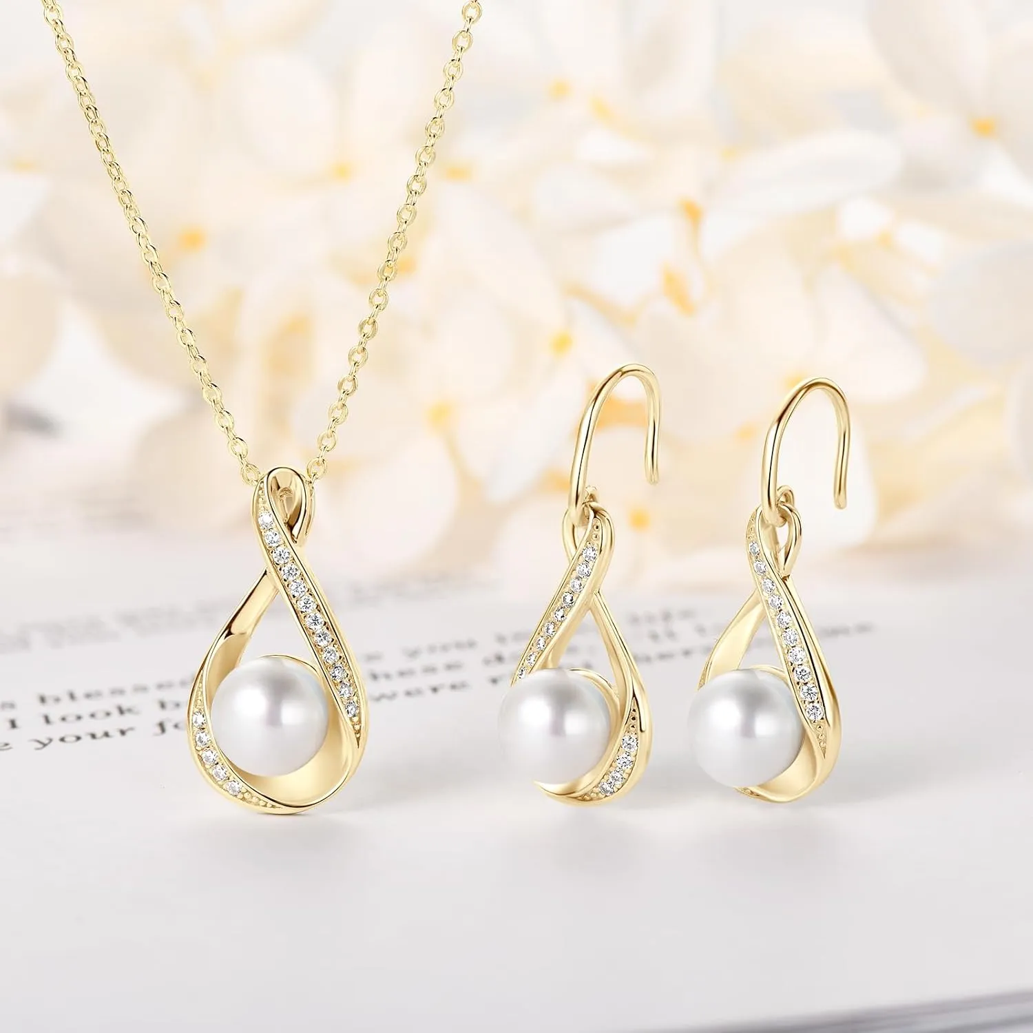 Sterling Silver Pearl Jewelry Set with Shiny Moissanite, Real Freshwater Pearl Earrings Necklace for Women, Wedding Jewelry for Brides Bridesmaid, Mother's Day