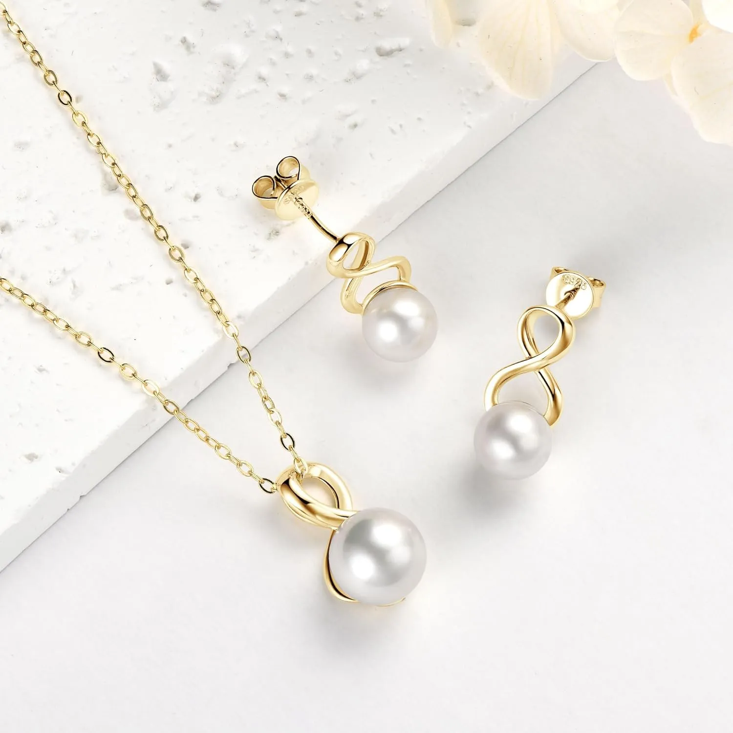 Sterling Silver Pearl Jewelry Set with Shiny Moissanite, Real Freshwater Pearl Earrings Necklace for Women, Wedding Jewelry for Brides Bridesmaid, Mother's Day