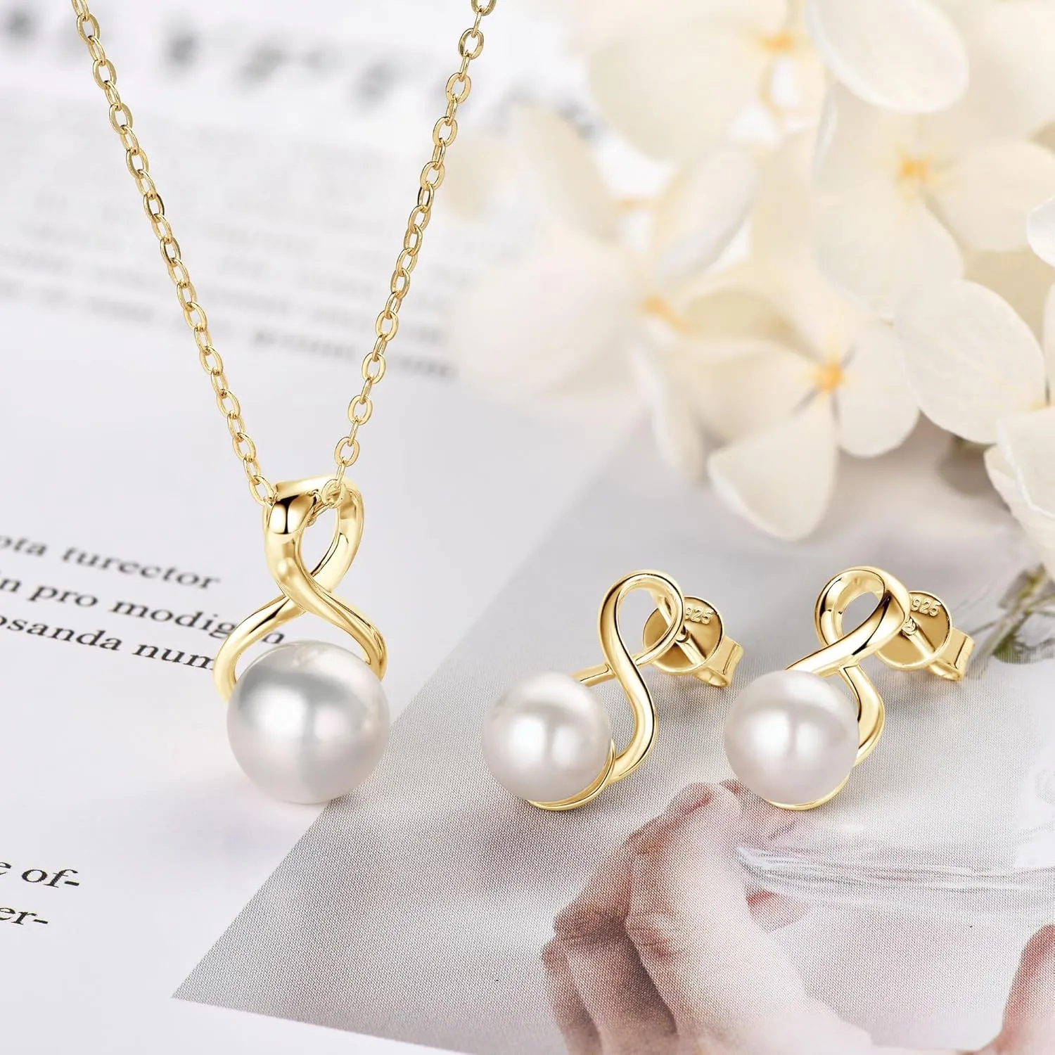 Sterling Silver Pearl Jewelry Set with Shiny Moissanite, Real Freshwater Pearl Earrings Necklace for Women, Wedding Jewelry for Brides Bridesmaid, Mother's Day