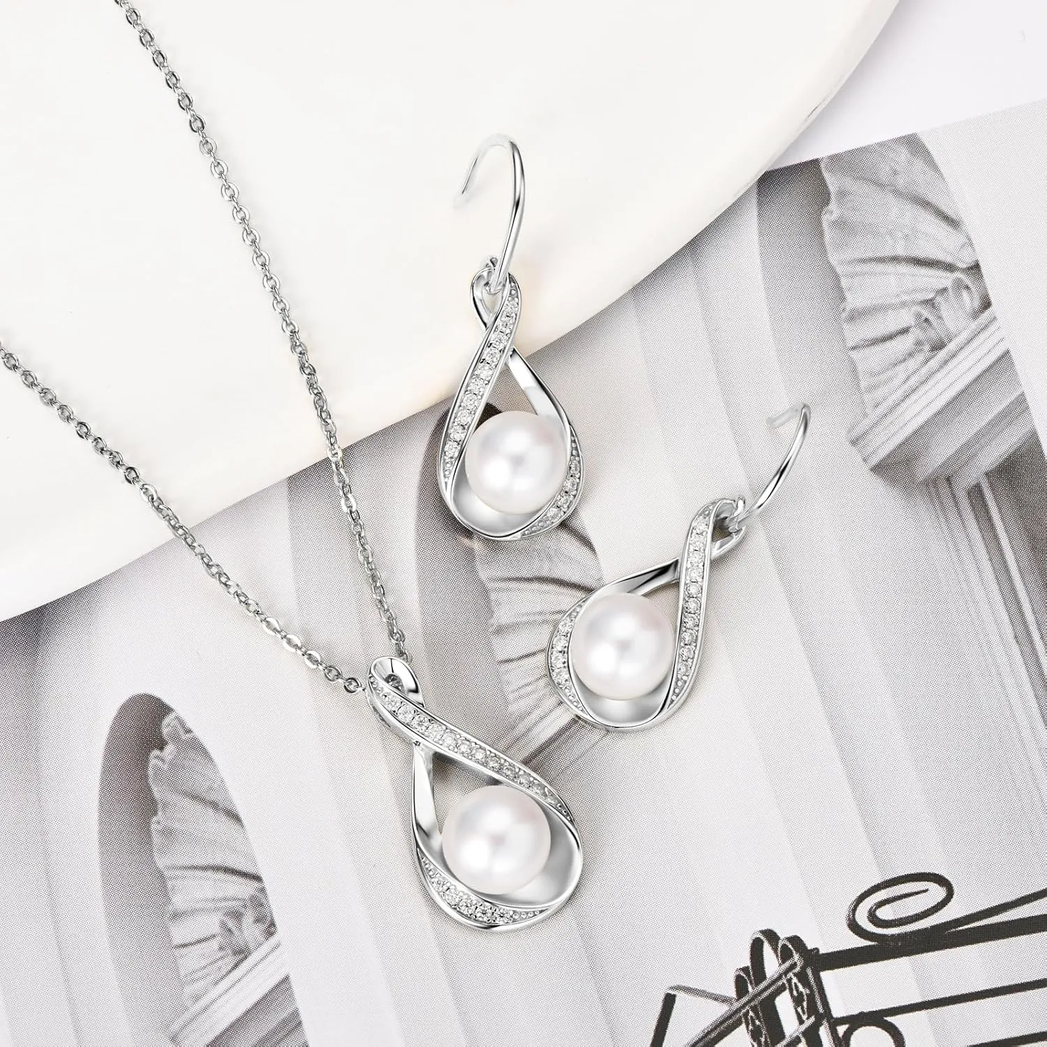 Sterling Silver Pearl Jewelry Set with Shiny Moissanite, Real Freshwater Pearl Earrings Necklace for Women, Wedding Jewelry for Brides Bridesmaid, Mother's Day