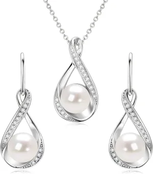 Sterling Silver Pearl Jewelry Set with Shiny Moissanite, Real Freshwater Pearl Earrings Necklace for Women, Wedding Jewelry for Brides Bridesmaid, Mother's Day